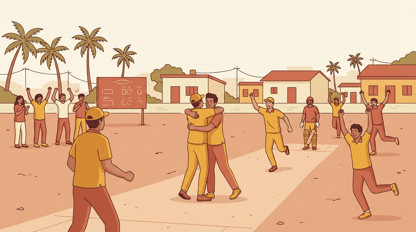 Community cricket players celebrating on a neighbourhood ground