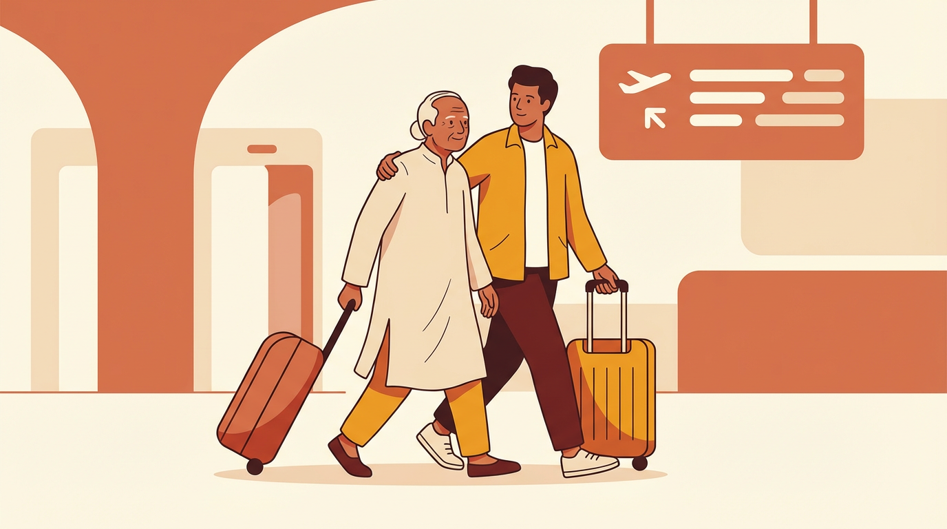 Elderly Indian parent walking through an airport with a travel companion