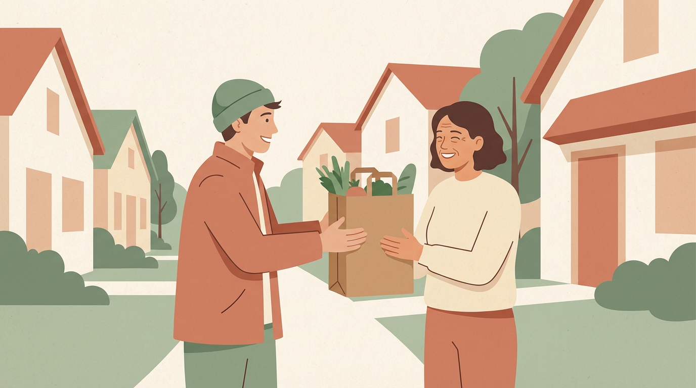 Two neighbors sharing a grocery bag on a friendly street