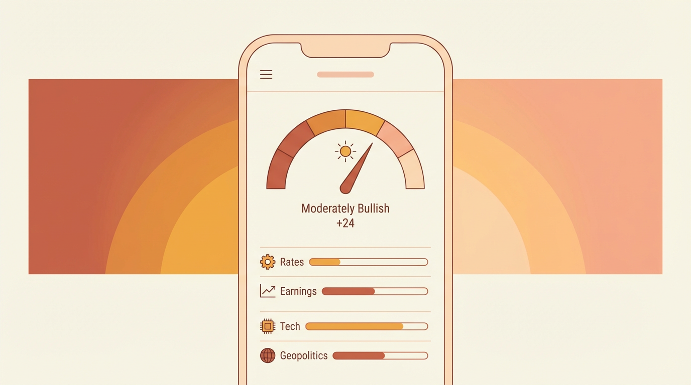 Pre-market sentiment dashboard showing a bullish score and topic breakdown